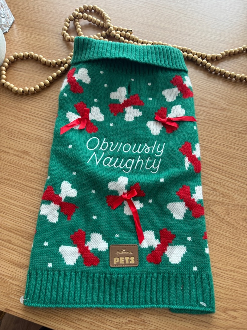 5/8 Hallmark Green Holiday Dog Sweater with Red Bow Accents